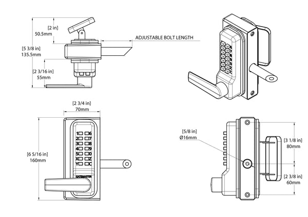 Technical drawing of a door lock mechanism with dimensions labeled